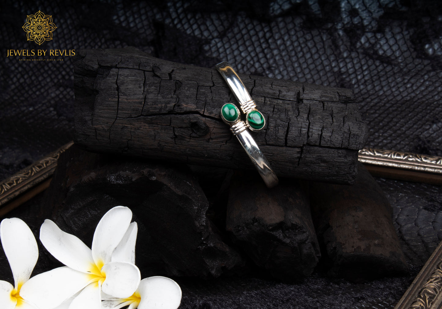 Kalyug Silver Kada with Green Stones