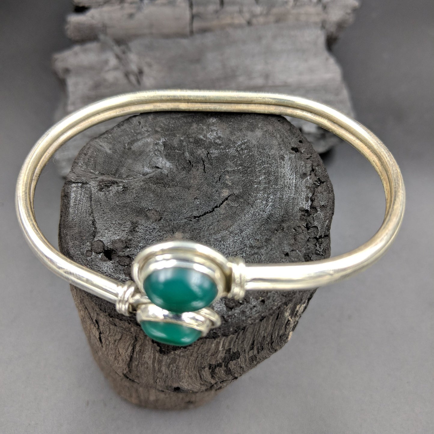Kalyug Silver Kada With Sea Green Stones