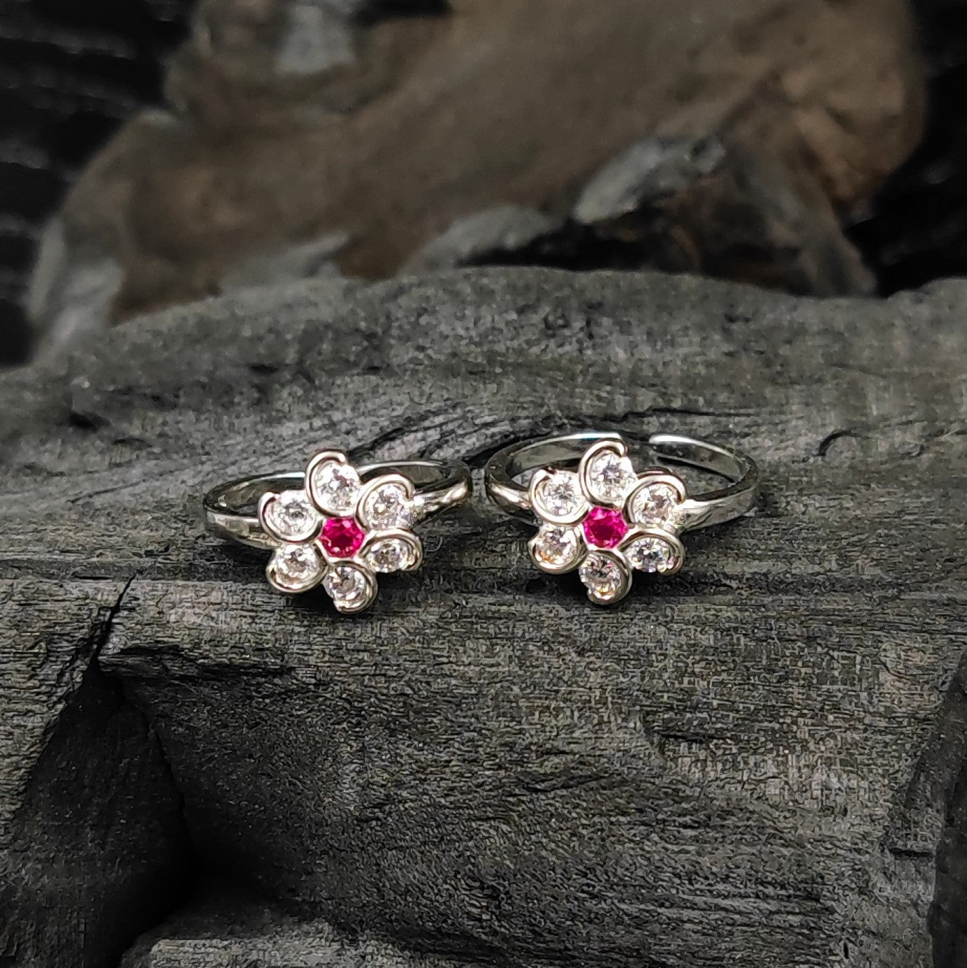 Silver Toe rings by Jauhri -PUSHP WHITE PINK TOE RING - 2 PC