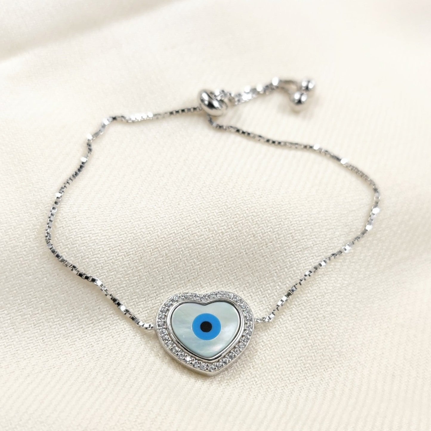 Silver Jewelry Bracelets by Jauhri 92.5 Silver - Slider Evil Eye Heart Bracelet