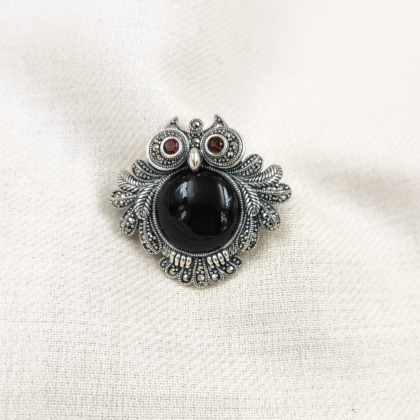 Silver Jewelry Brooches and Lapel Pins by Jauhri 92.5 Silver - Marcasite Round Owl Black Brooch And Pendant