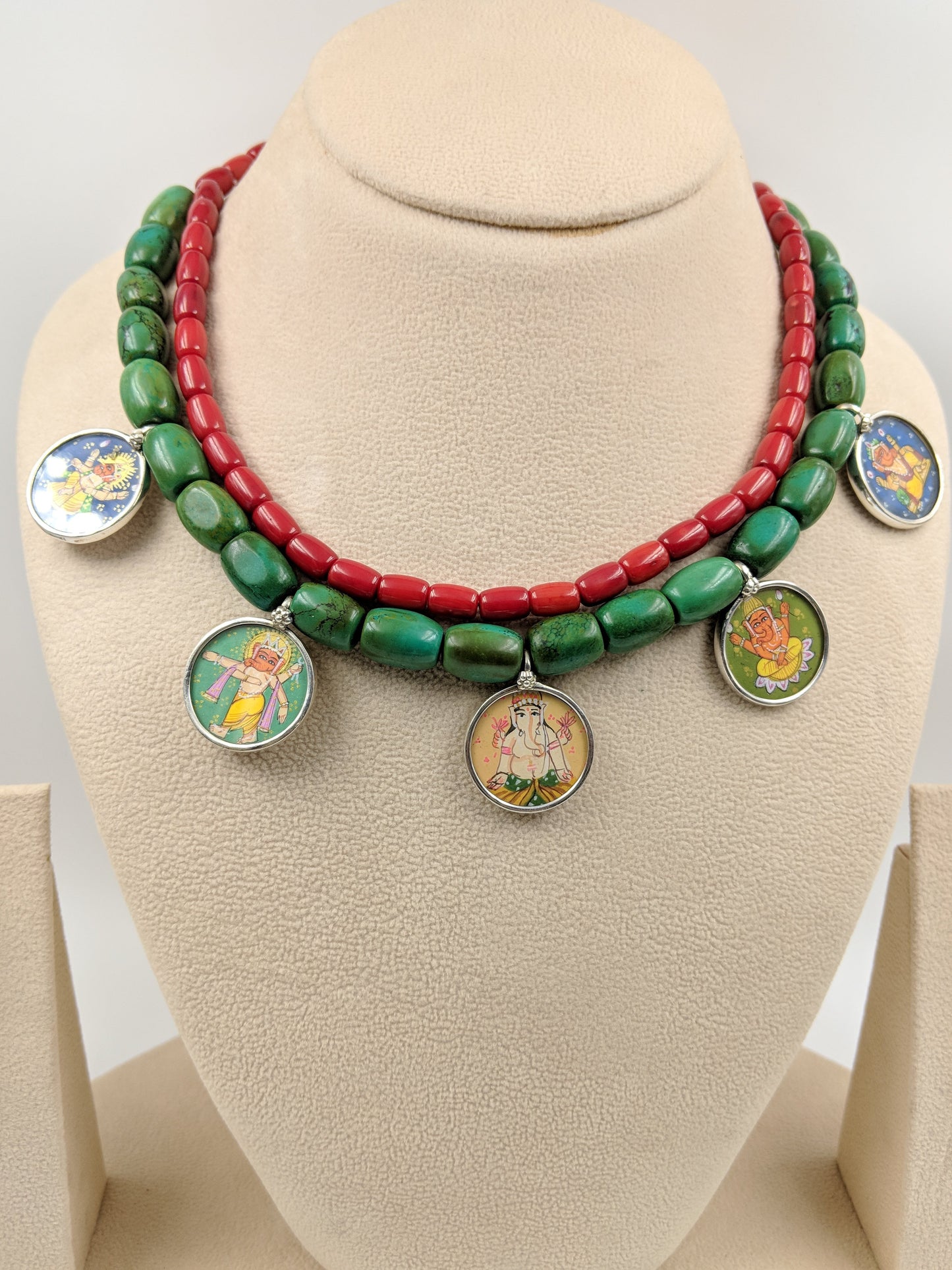 Ashwathama Handpainted Ganesh Laxmi Moonga Necklace With Earrings