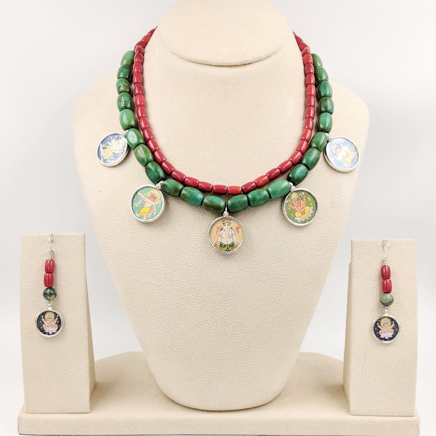 Ashwathama Handpainted Ganesh Laxmi Moonga Necklace With Earrings