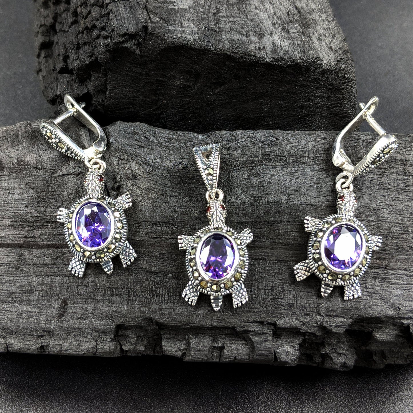Ashwathama Tortoise Pendant and Earrings Set - Purple