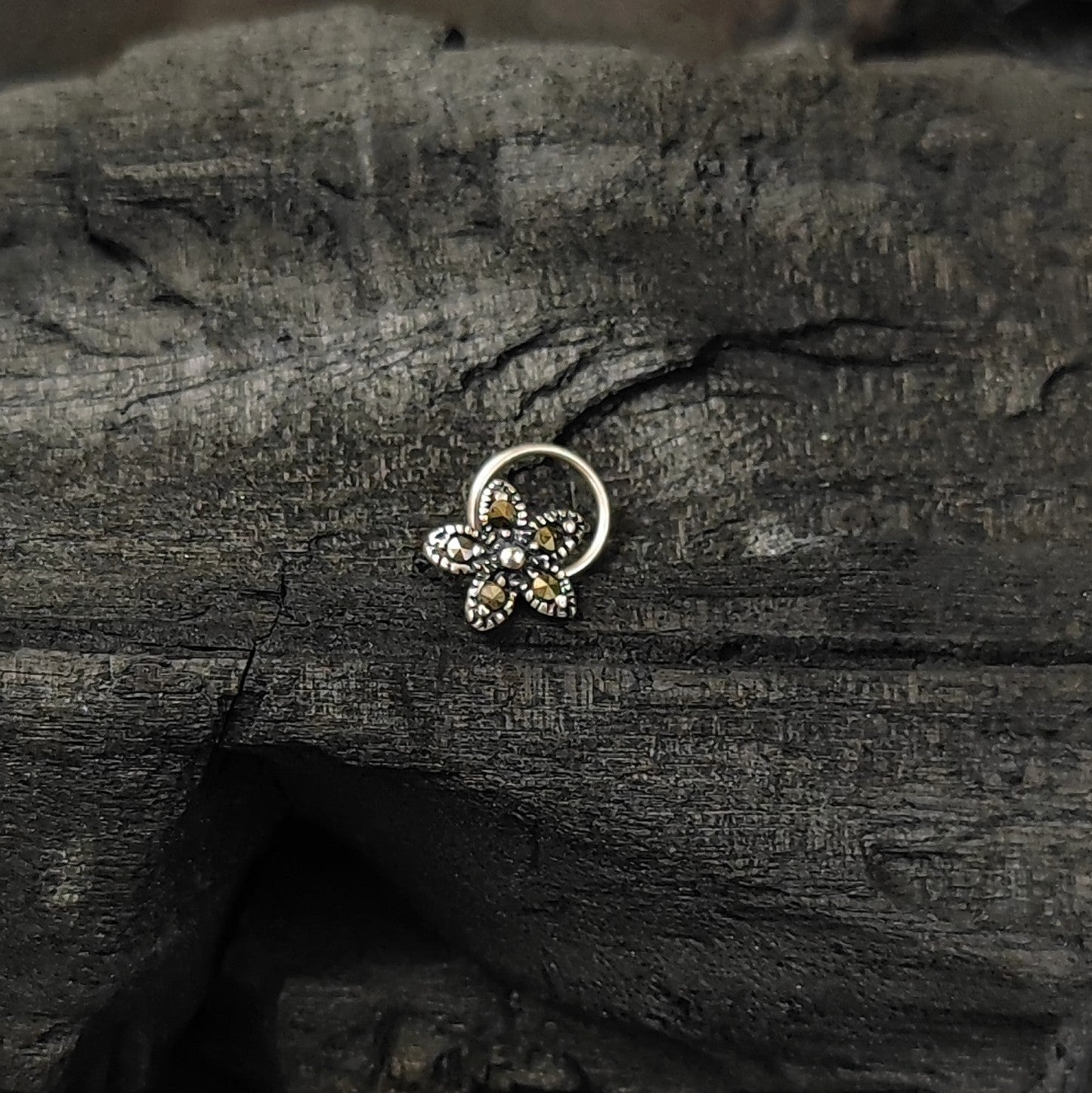 Silver Jewelry Nosepin by Jauhri Toe rings by Jauhri -marcasite flower nosepin - wired
