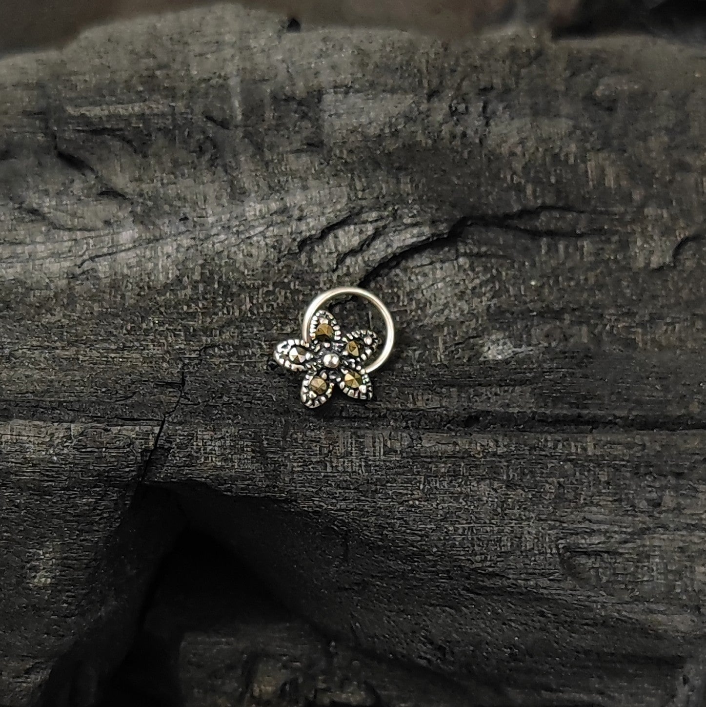 Silver Jewelry Nosepin by Jauhri Toe rings by Jauhri -marcasite flower nosepin - wired