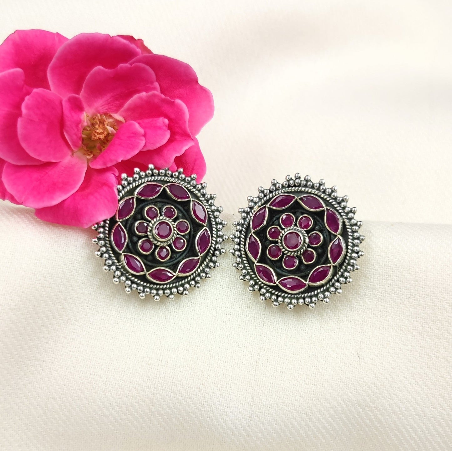 Silver Jewelry Earrings by Jauhri 92.5 Silver - Padma Rangoli Gulaab