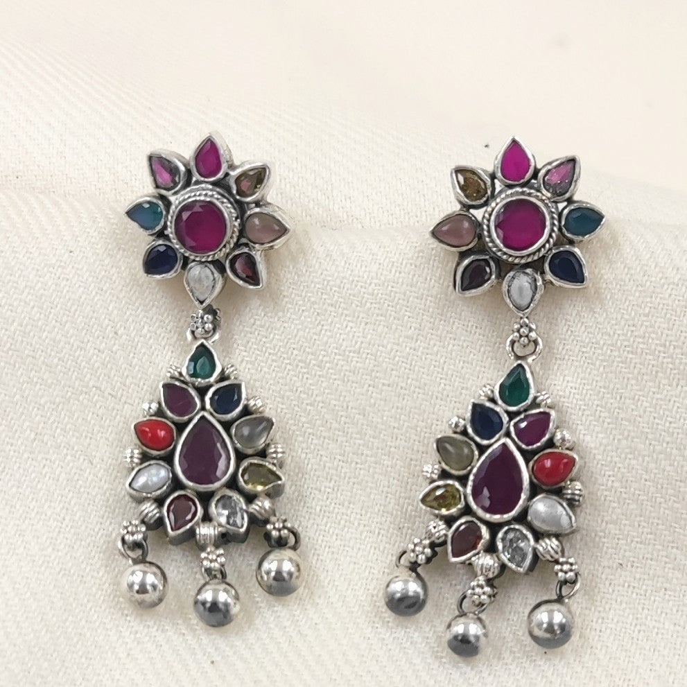Silver Jewelry Earrings by Jauhri 92.5 Silver - Double Sided Navratna Earrings