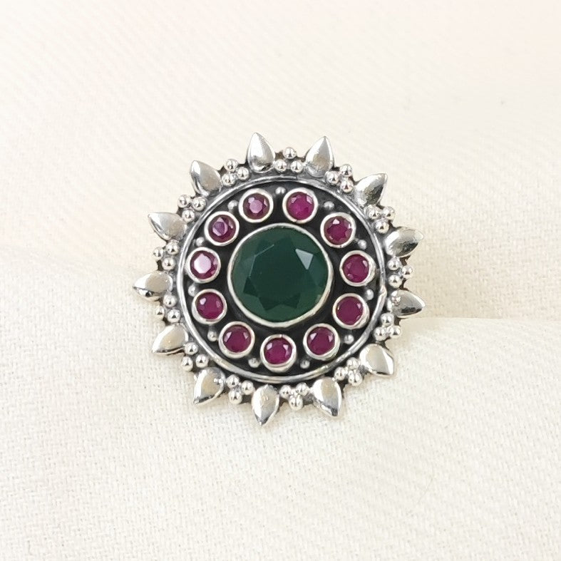 Silver Rings by Jauhri -PADMA PUSHP GREEN PINK RING
