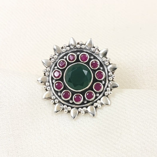 Silver Rings by Jauhri -PADMA PUSHP GREEN PINK RING