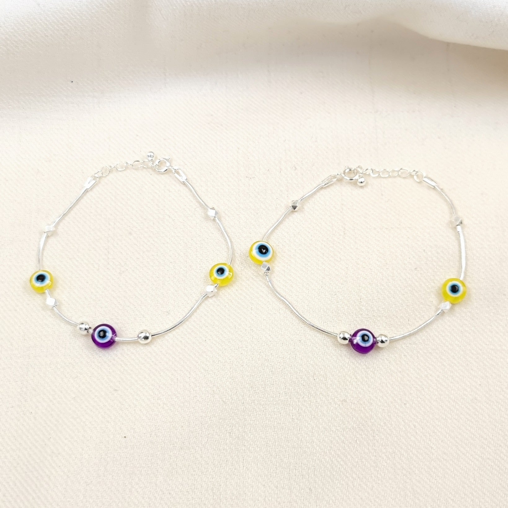Silver Jewelry Anklets by Jauhri 92.5 Silver - Evil Eye Purple Yellow Anklets - Kids