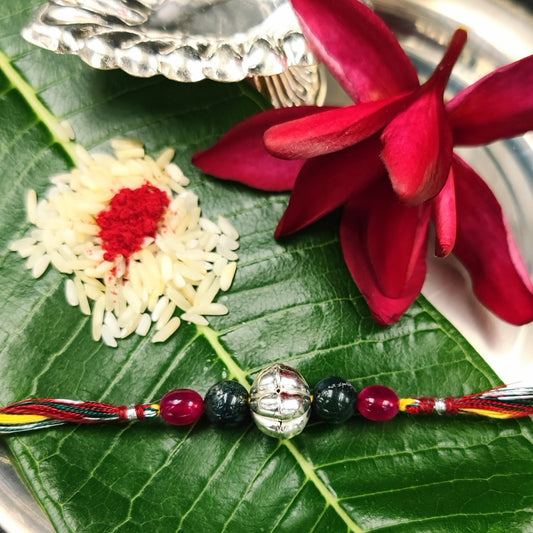 Silver Jewelry Rakhi by Jauhri 92.5 Silver Rakshabandhan Special - Pink Green Flower Rakhi