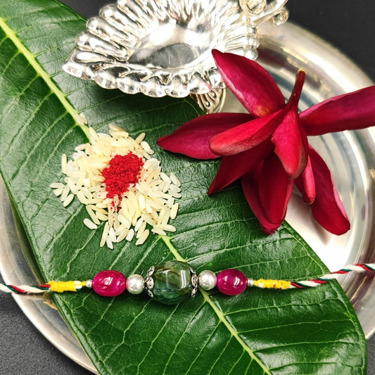 Silver Jewelry Rakhi by Jauhri 92.5 Silver Rakshabandhan Special - Green Pink Rakhi
