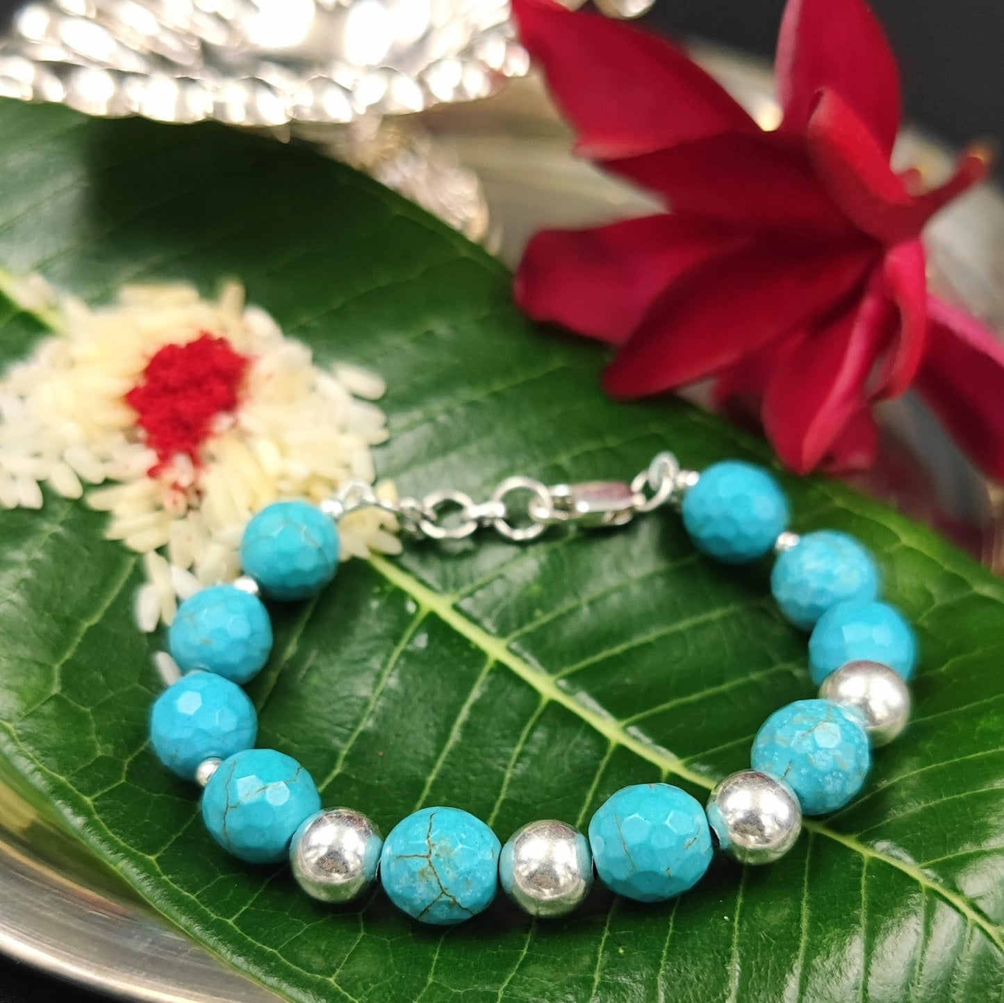 Silver Jewelry Rakhi by Jauhri 92.5 Silver Rakshabandhan Special - Turquoise Beaded Bracelet