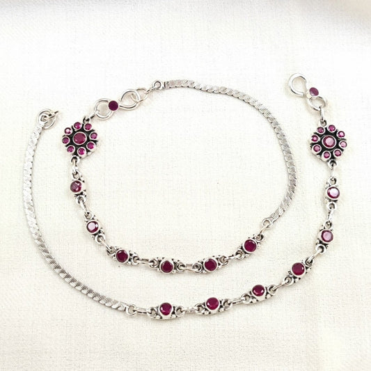 Silver Jewelry Anklets by Jauhri 92.5 Silver - Red Flower Dot Anklets