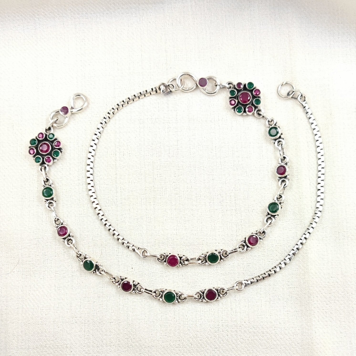 Silver Jewelry Anklets by Jauhri 92.5 Silver - Red Green Flower Dot Anklets