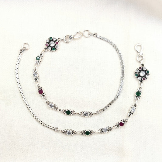 Silver Jewelry Anklets by Jauhri 92.5 Silver - Tri Colour Flower Dot Anklets
