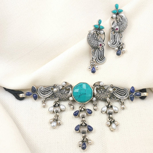 Silver Jewelry Necklace by Jauhri 92.5 Silver - Turquoise Mayur Choker With Earrings