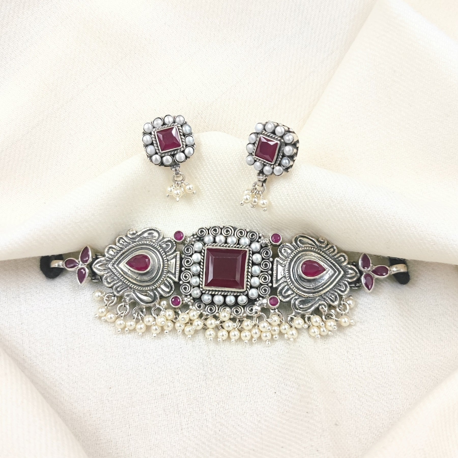 Silver Jewelry Necklace by Jauhri 92.5 Silver - Pink Nazaara Choker With Earrings