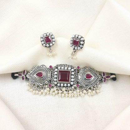 Silver Jewelry Necklace by Jauhri 92.5 Silver - Pink Nazaara Choker With Earrings