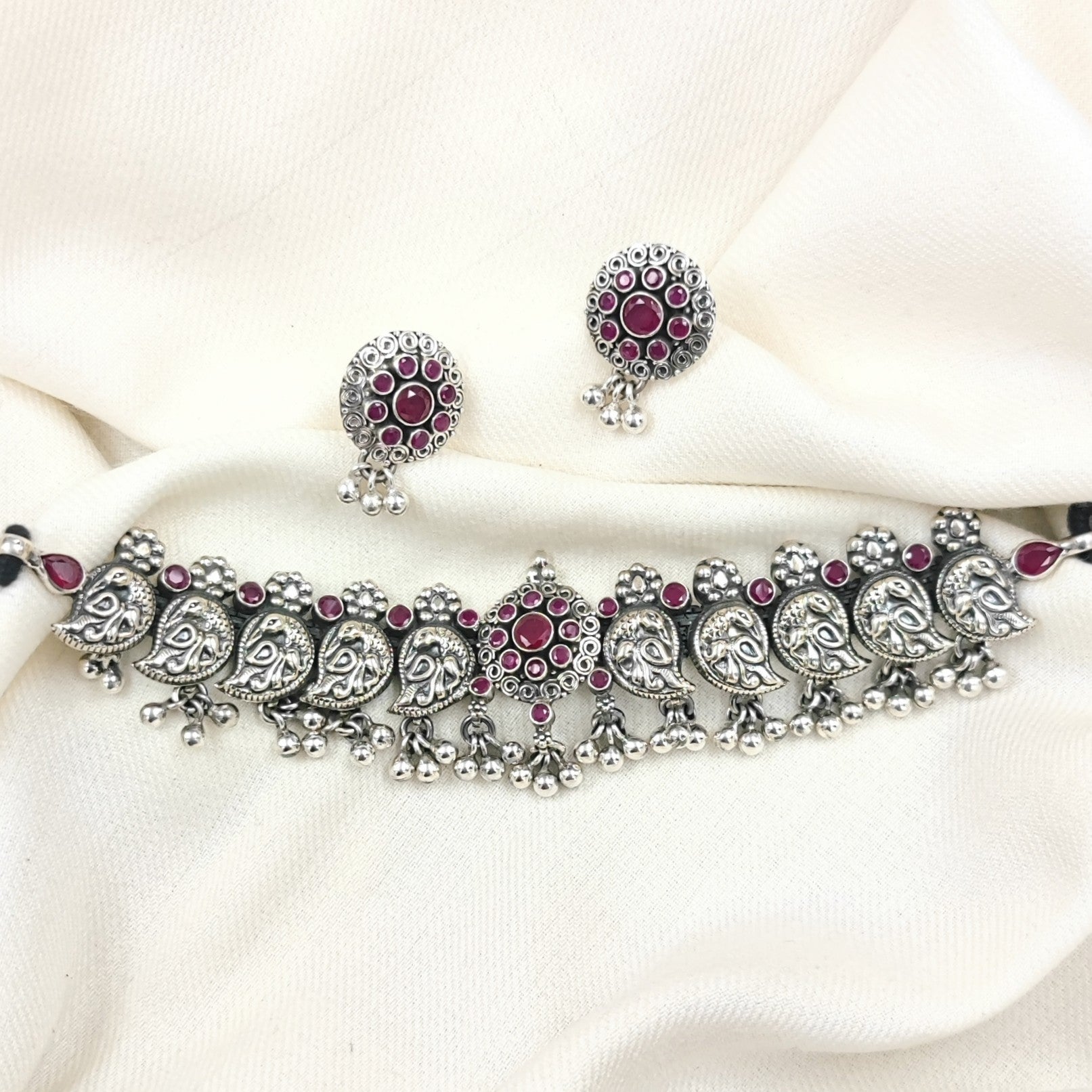 Silver Jewelry Necklace by Jauhri 92.5 Silver - Pink Shakti Choker With Earrings