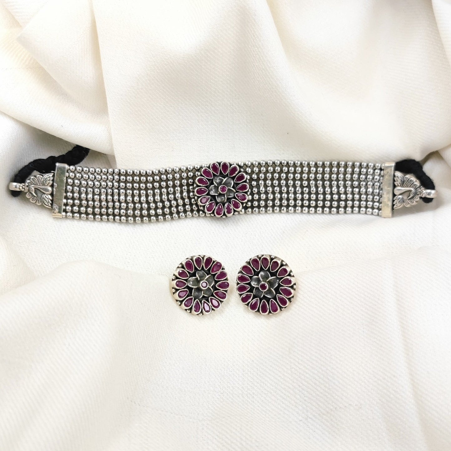 Silver Jewelry Necklace by Jauhri 92.5 Silver - Pink Collar Choker With Earrings
