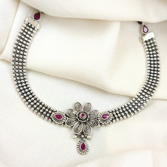 Silver Jewelry Necklace by Jauhri 92.5 Silver - Pink Thin Collar Choker