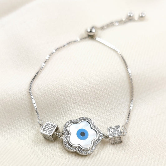 Silver Jewelry Anklets by Jauhri 92.5 Silver - Slider Evil Eye Flower Cube Bracelet