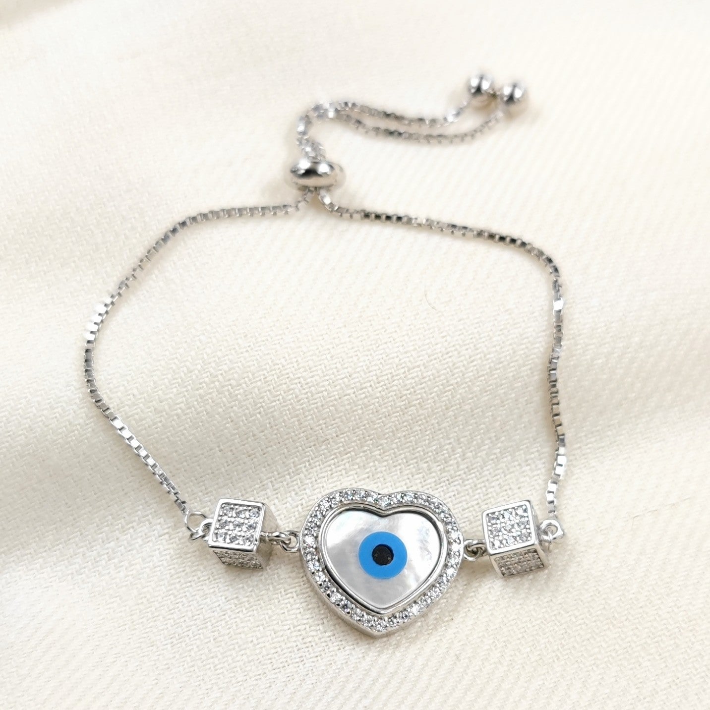 Silver Jewelry Bracelets by Jauhri 92.5 Silver - Slider Evil Eye Heart Cube Bracelet