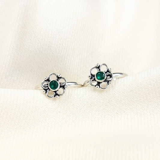 Silver Toe rings by Jauhri -FIVE PETAL GREEN TOE RING - 2 PC