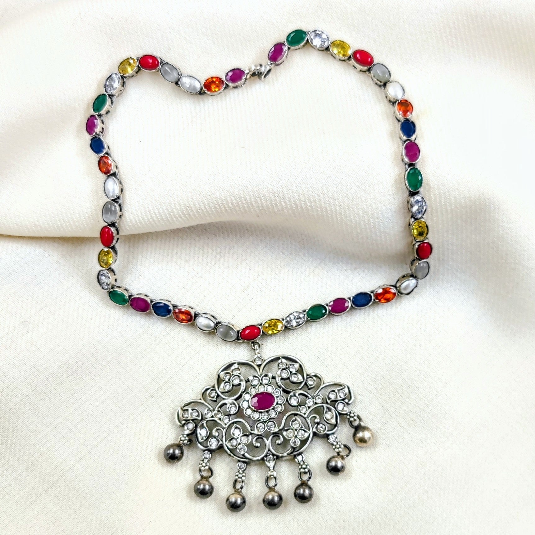Sterling Silver Jewelry Necklace by Jauhri 92.5 Silver - Navratna Ragini Necklace