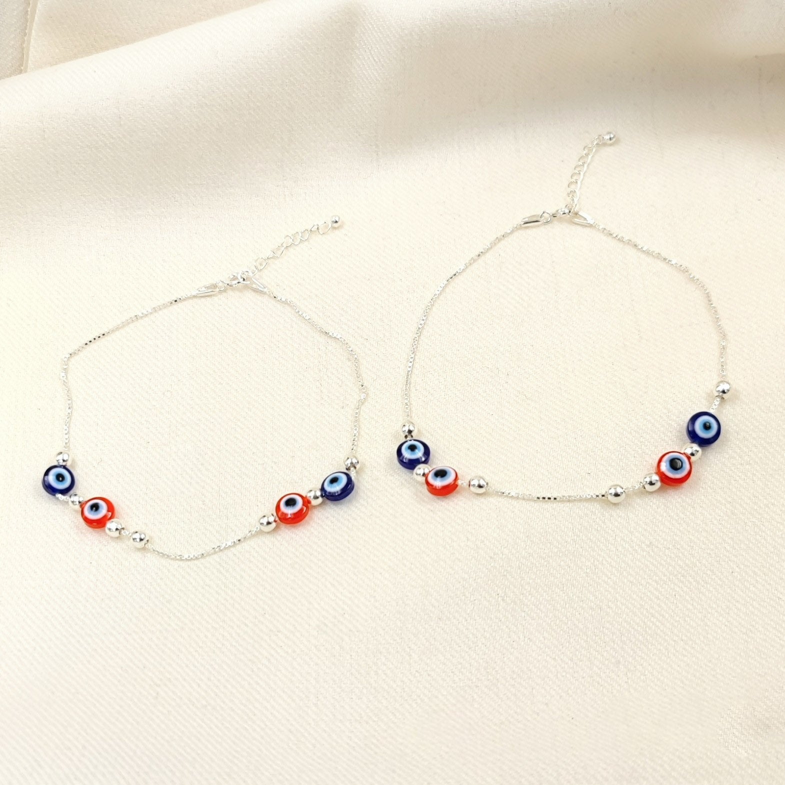 Silver Jewelry Anklets by Jauhri 92.5 Silver - Evil Eye Blue Red Anklets