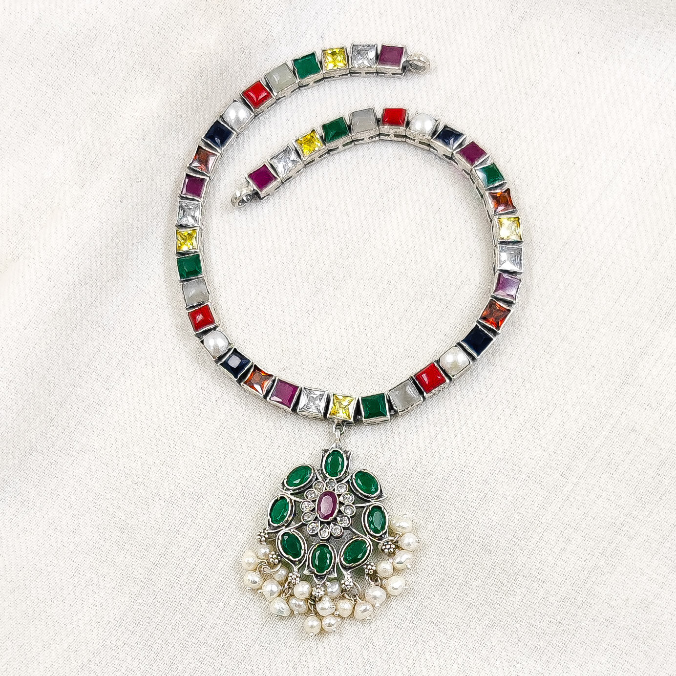 Sterling Silver Jewelry Necklace by Jauhri 92.5 Silver - Navratna Delha Necklace