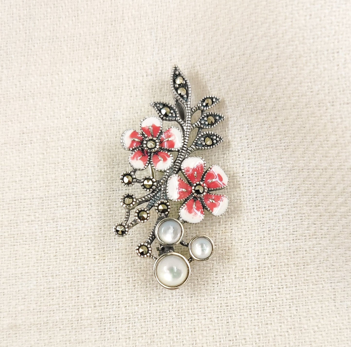 Silver Jewelry Brooches and Lapel Pins by Jauhri 92.5 Silver - Marcasite Flower And Berries Brooch And Pendant