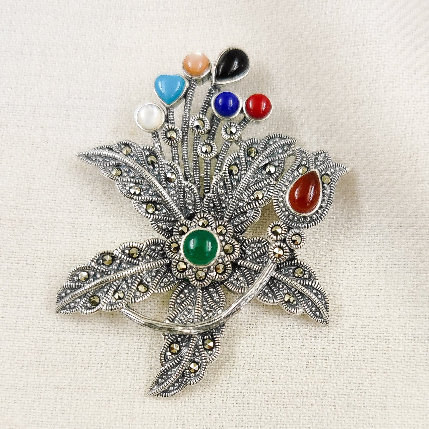 Silver Jewelry Brooches and Lapel Pins by Jauhri 92.5 Silver - Marcasite Flower Multicolored Brooch And Pendant