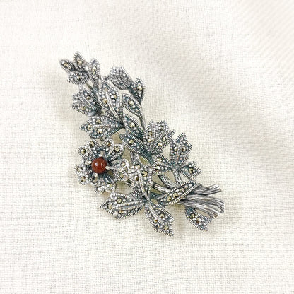 Silver Jewelry Brooches and Lapel Pins by Jauhri 92.5 Silver - Marcasite Bouquet Orange Brooch And Pendant