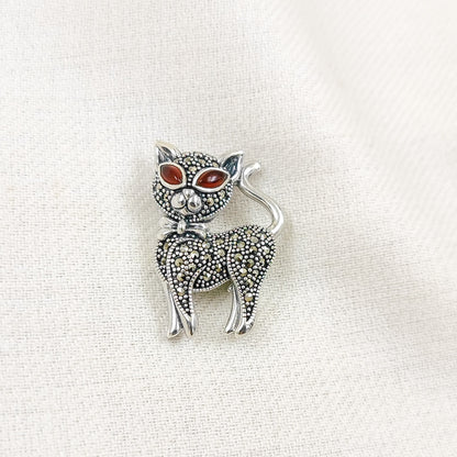 Silver Jewelry Brooches and Lapel Pins by Jauhri 92.5 Silver - Marcasite Cat Brooch And Pendant