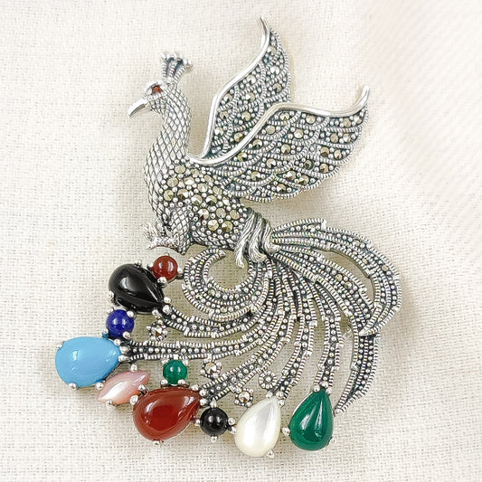 Silver Jewelry Brooches and Lapel Pins by Jauhri 92.5 Silver - Marcasite Peacock Multicolored Brooch And Pendant