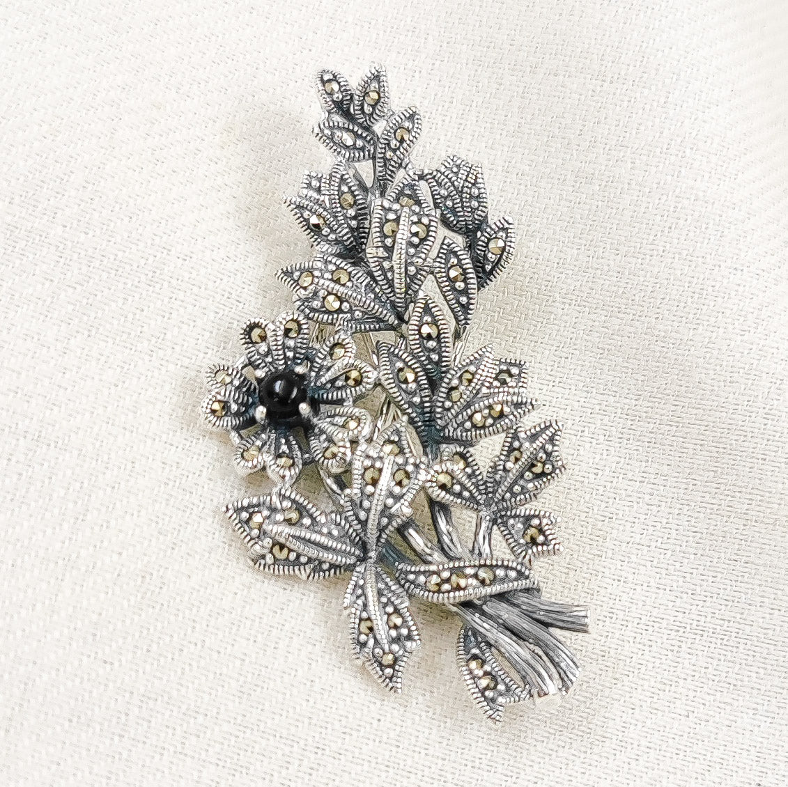 Silver Jewelry Brooches and Lapel Pins by Jauhri 92.5 Silver - Marcasite Bouquet Black Brooch And Pendant