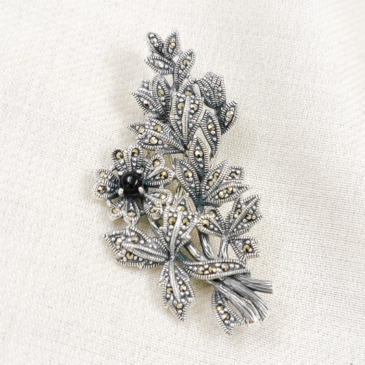 Silver Jewelry Brooches and Lapel Pins by Jauhri 92.5 Silver - Marcasite Bouquet Black Brooch And Pendant