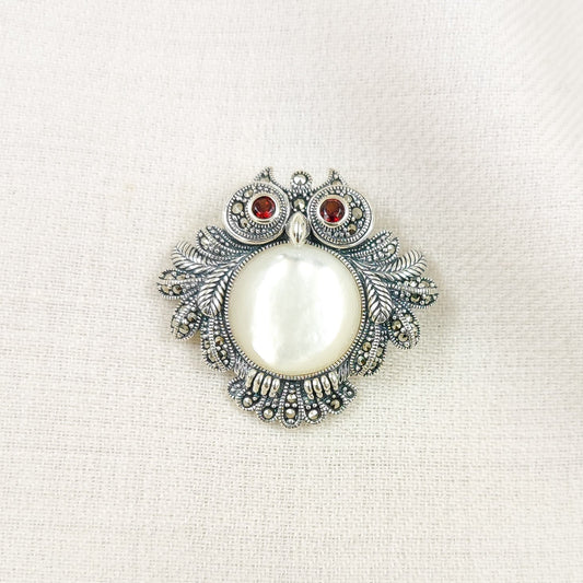 Silver Jewelry Brooches and Lapel Pins by Jauhri 92.5 Silver - Marcasite Round Owl White Brooch And Pendant