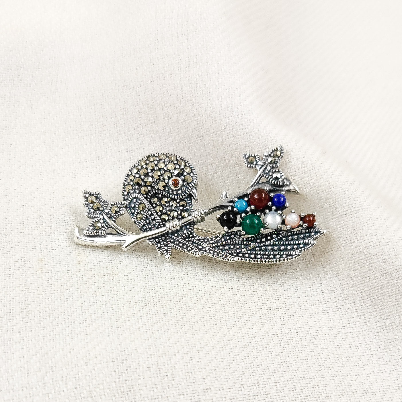Silver Jewelry Brooches and Lapel Pins by Jauhri 92.5 Silver - Marcasite Bird On The Branch Brooch And Pendant