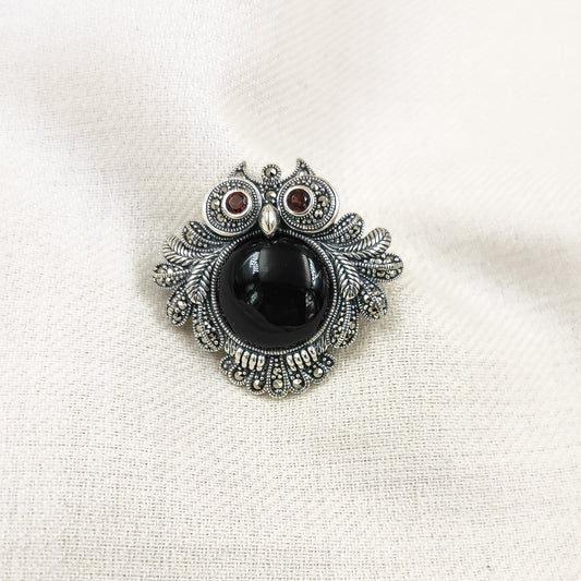 Silver Jewelry Brooches and Lapel Pins by Jauhri 92.5 Silver - Marcasite Round Owl Black Brooch And Pendant