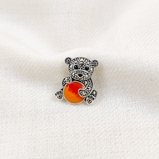 Silver Jewelry Brooches and Lapel Pins by Jauhri 92.5 Silver - Marcasite Teddy Orange Brooch And Pendant