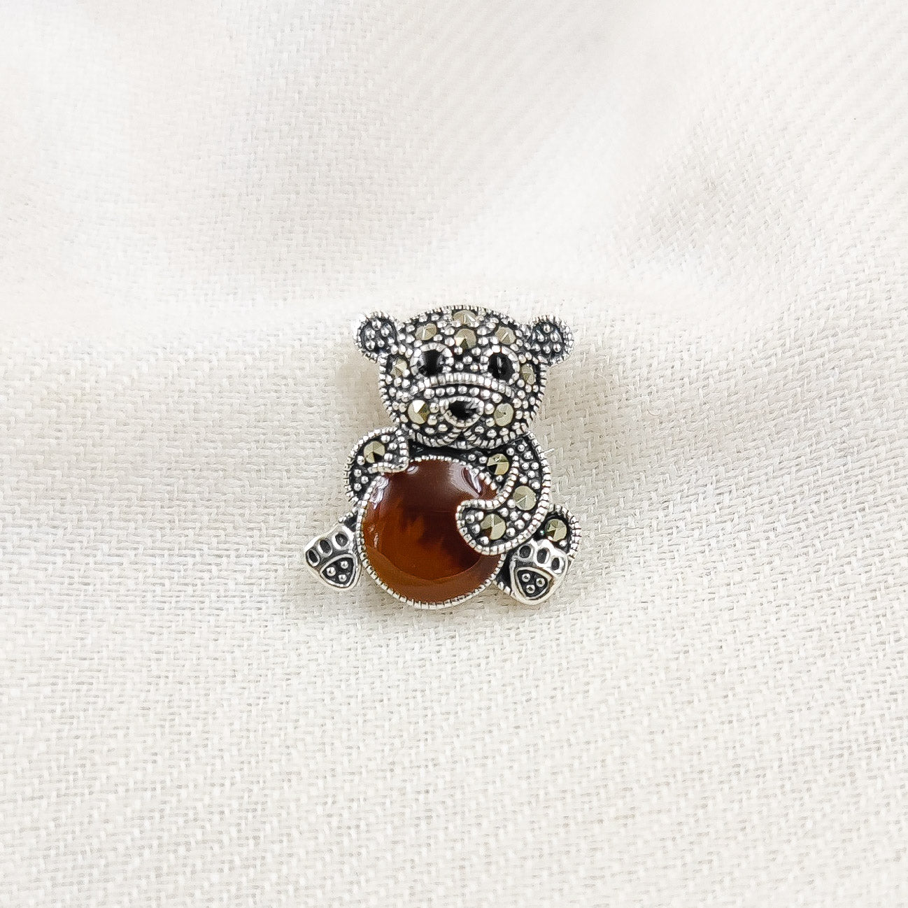 Silver Jewelry Brooches and Lapel Pins by Jauhri 92.5 Silver - Marcasite Teddy Brown Brooch And Pendant