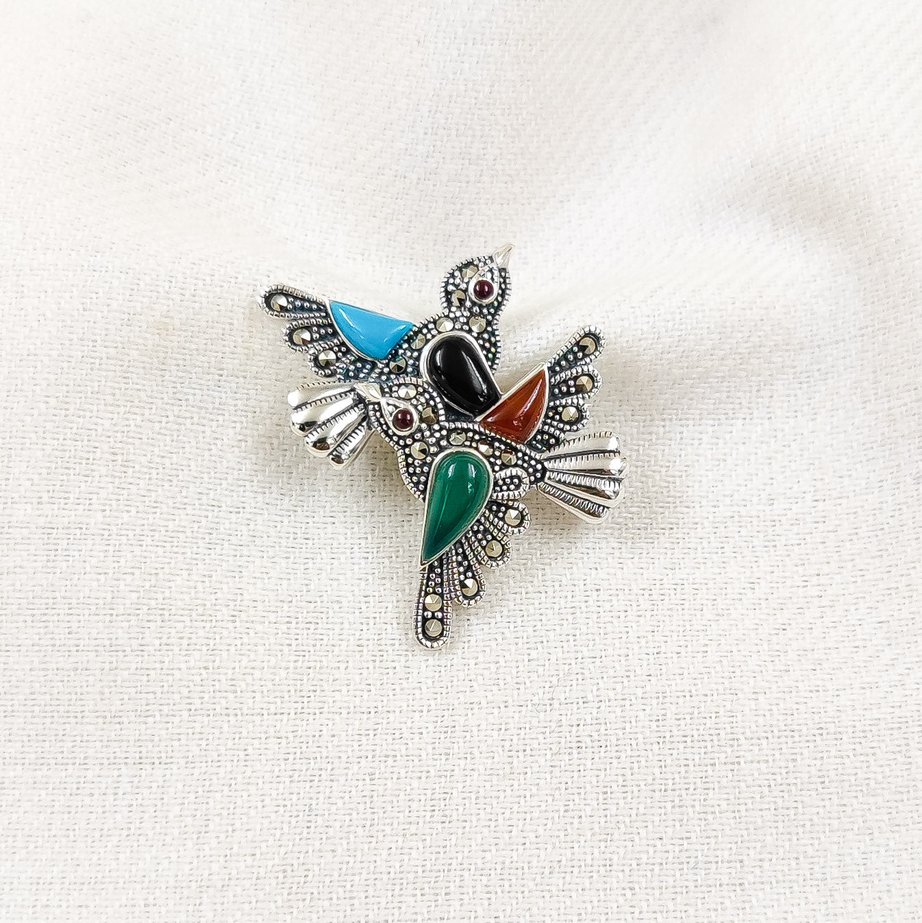 Silver Jewelry Brooches and Lapel Pins by Jauhri 92.5 Silver - Marcasite Wings Of A Feather Multicolored Brooch And Pendant