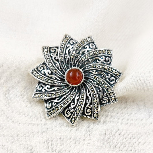 Silver Jewelry Brooches and Lapel Pins by Jauhri 92.5 Silver - Marcasite Flower Orange Brooch And Pendant
