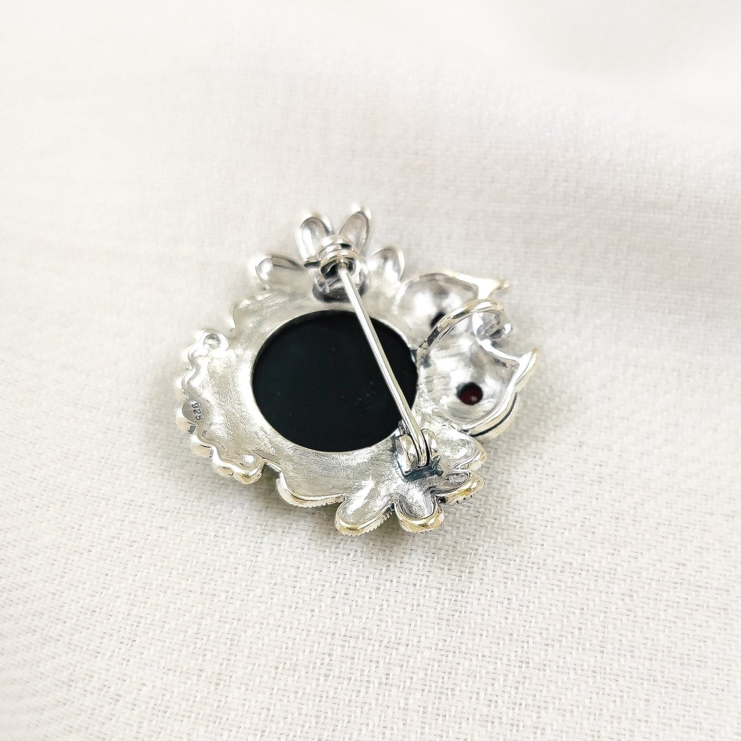 Marcasite Round Owl Black Brooch and Pendant
