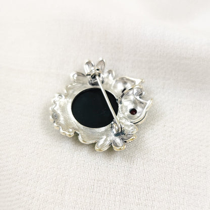 Marcasite Round Owl Black Brooch and Pendant
