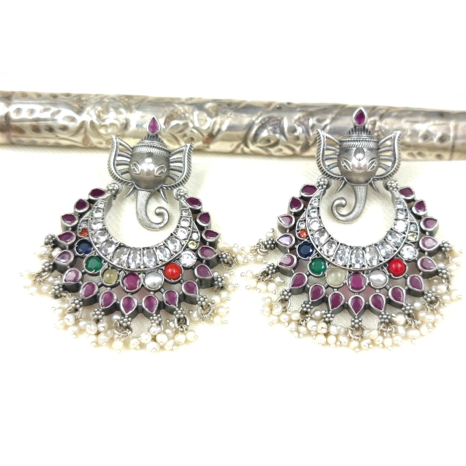 Silver Jewelry Earrings by Jauhri 92.5 Silver - Ganpataye Navrattan Earrings